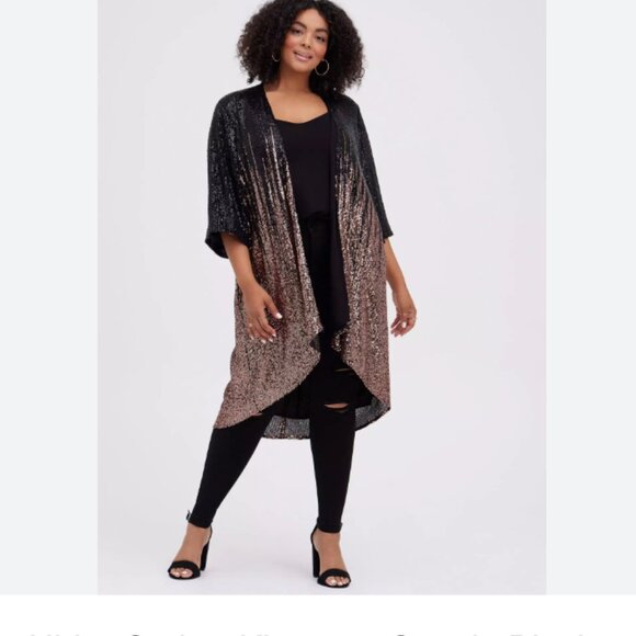 Torrid Hi-Lo Ombre Kimono Jacket Sequin Black & Gold Whimsigoth sz 1X - Picture 2 of 13